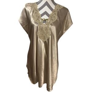 Vintage 90s Expressions Satin Nightgown Gold Lace Lingerie Slip Platinum V neck